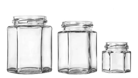 Hexagon glass jars in assorted sizes for jams and cosmetics - wholesale | General Bottle Supply