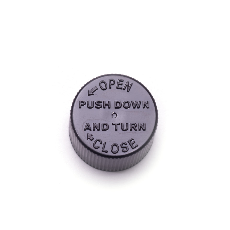 16mm Child-Resistant (CR) Cap for Tubes - Black Ribbed w/ Text - Assorted Caps | General Bottle Supply